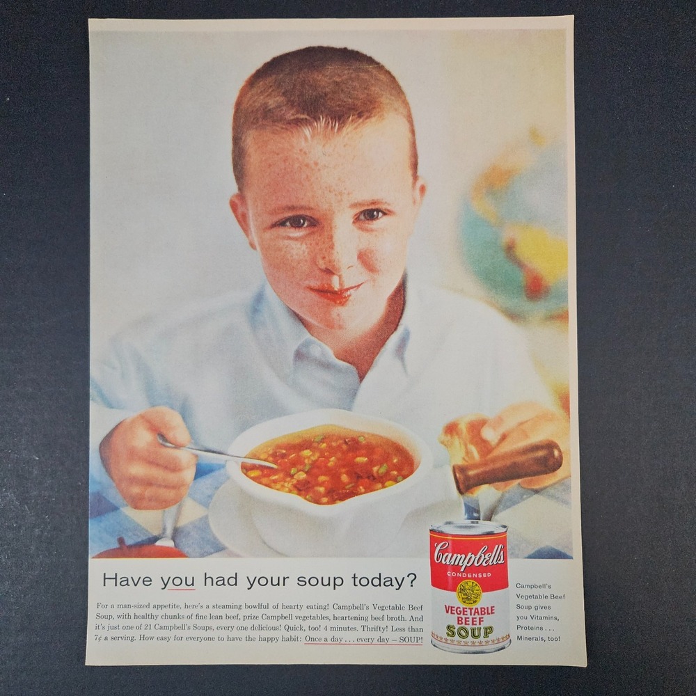 1959 Campbell's Vegetable Beef Canned Soup Vintage Print Ad Cute Freckled Boy